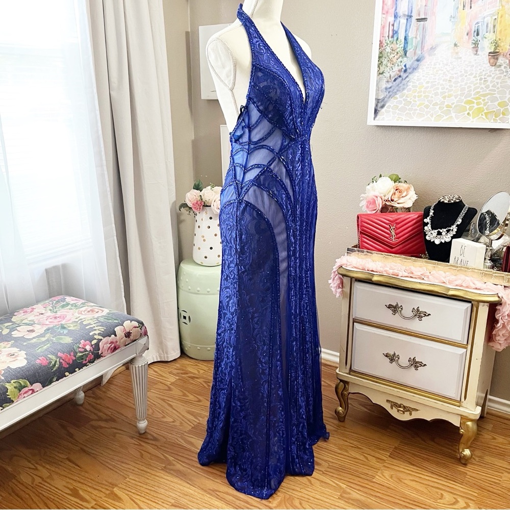 Blue Halter Prom Gown dress size 4 MISSING MANY GEMS - Picture 4 of 14